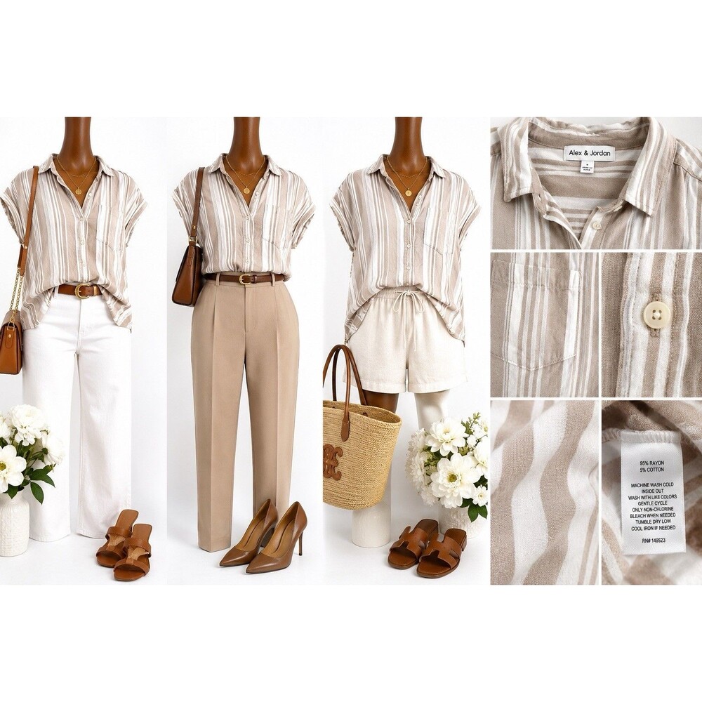 Alex & Jordan Women’s S Striped Button Down Short Sleeve Top Pocket Blouse